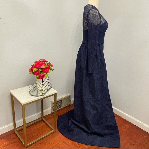 # Mac Duggal Long Sleeve Lace Column Gown With Overskirt - Picture 9 of 16